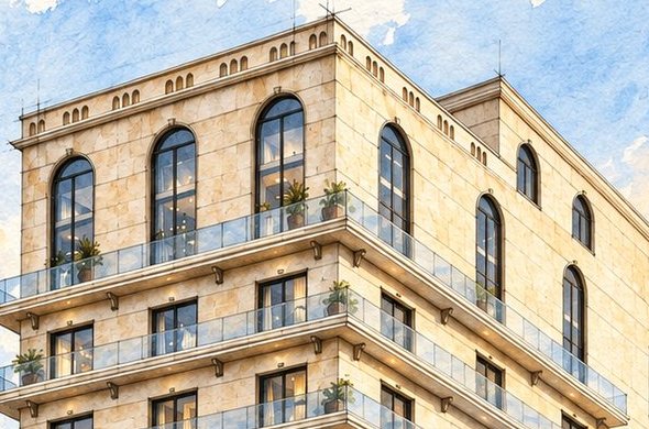 Arched windows and balconies at the crown
